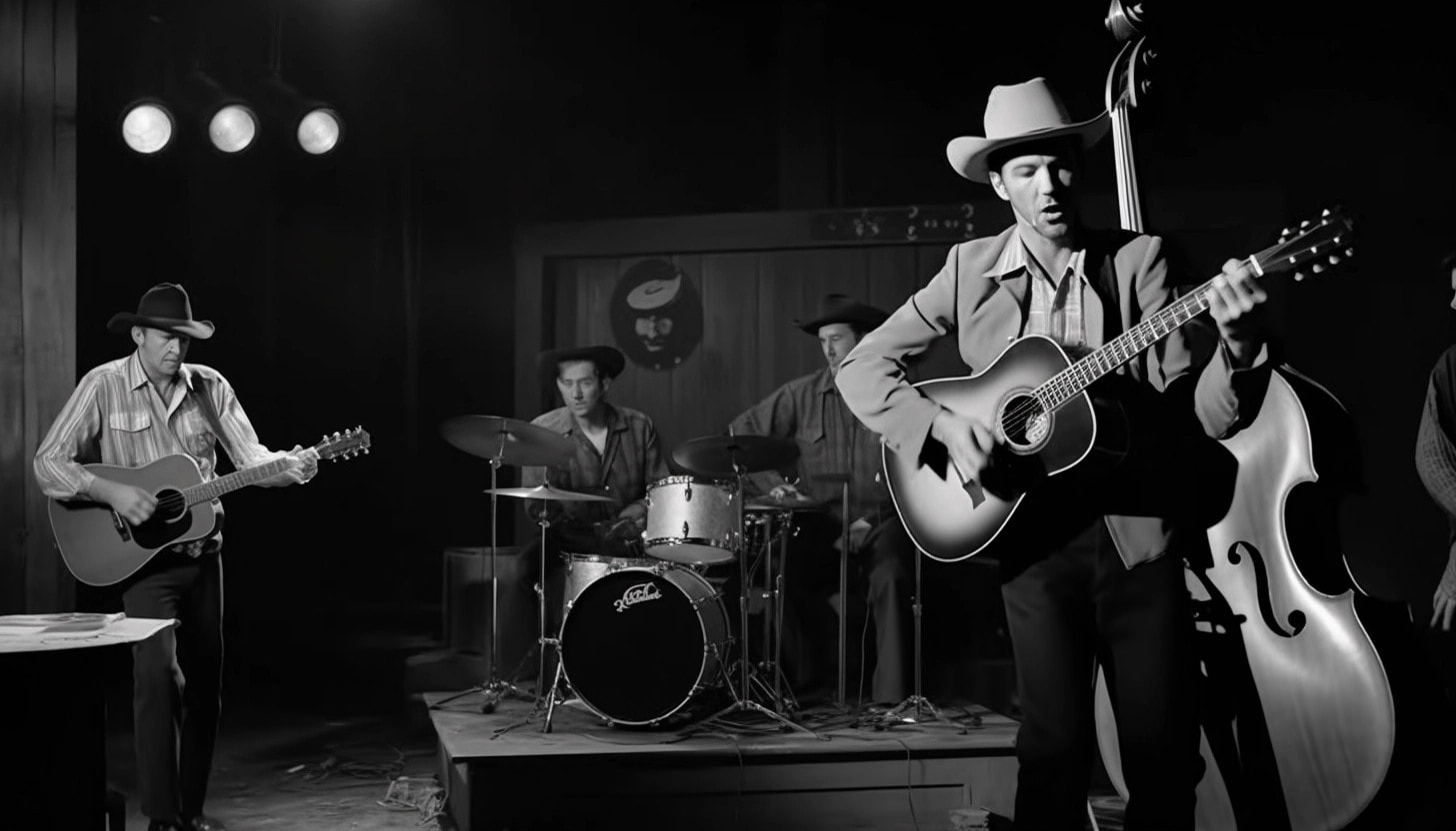 1950s black and white inspired country music scene