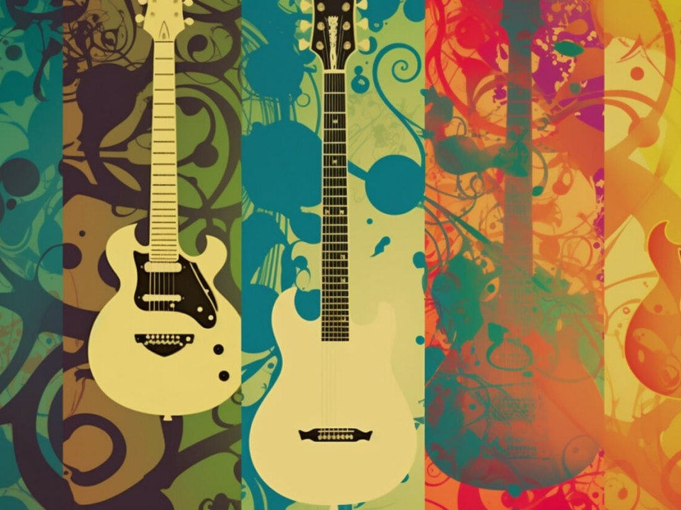 colorful background of guitars with a 1960s inspired art